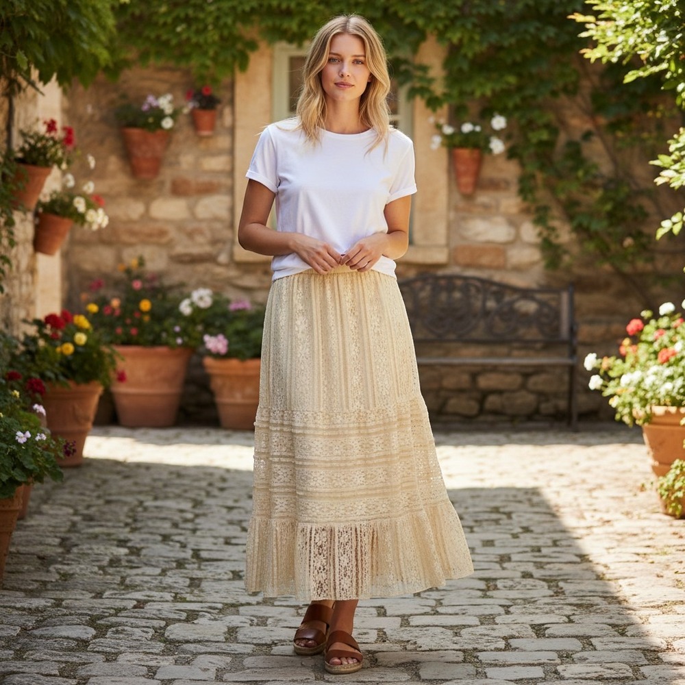 Solitaire Womens Cream Floral Lace Tiered Maxi Skirt Elastic Waist Boho L NWT